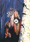 Protector of the Woods painting by Leonard Peltier-color portrait of a Native American Man, face painted, feathered animal headdress,peering from behind a tree
